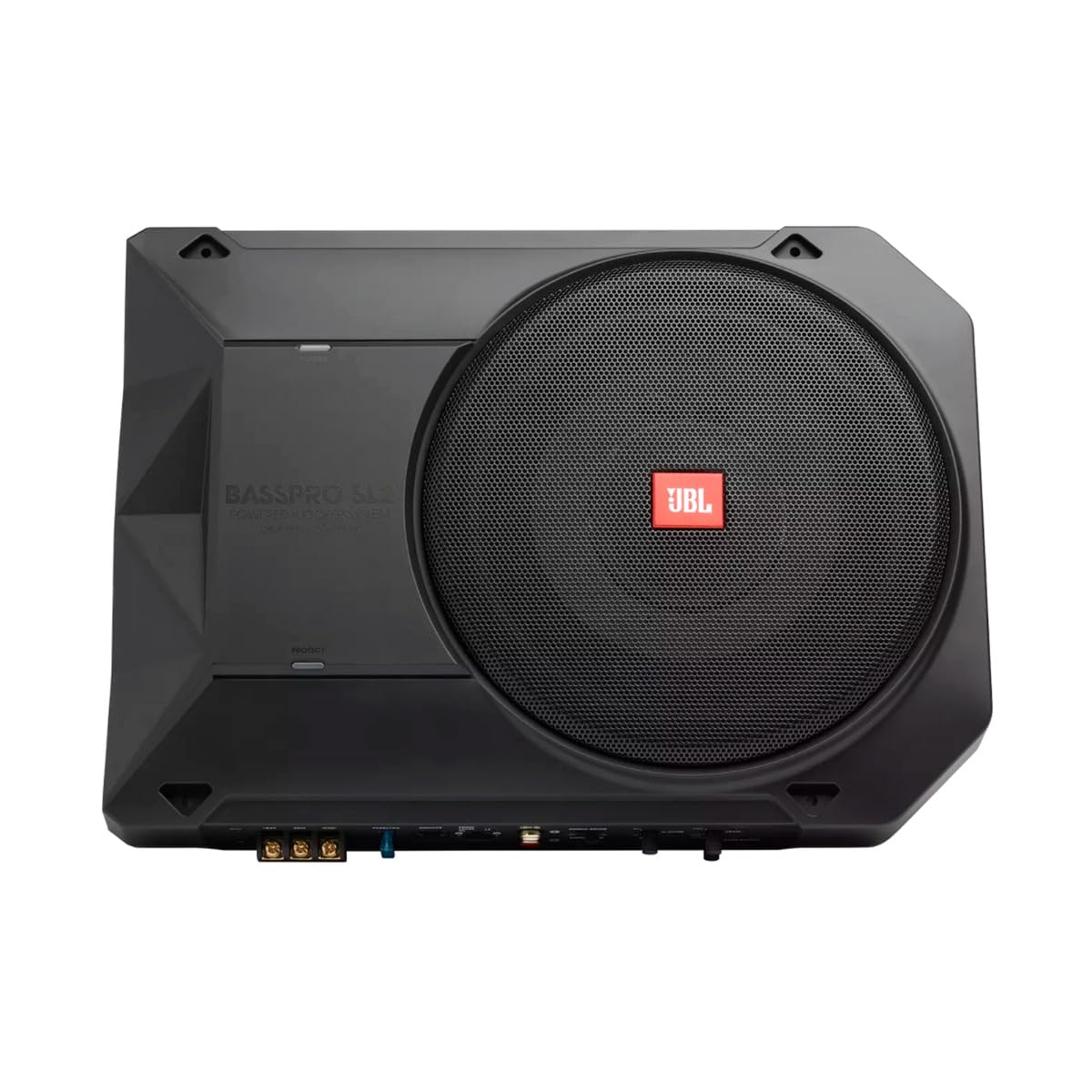 JBL BassPro SL2 Aktiv Subwoofer Auto Set - Car hifi Untersitz Bassbox Gehäuse mit Bassreflex Woofer box groß 200mm und 125 Watt aktiver Verstärker, Schwarz, 44