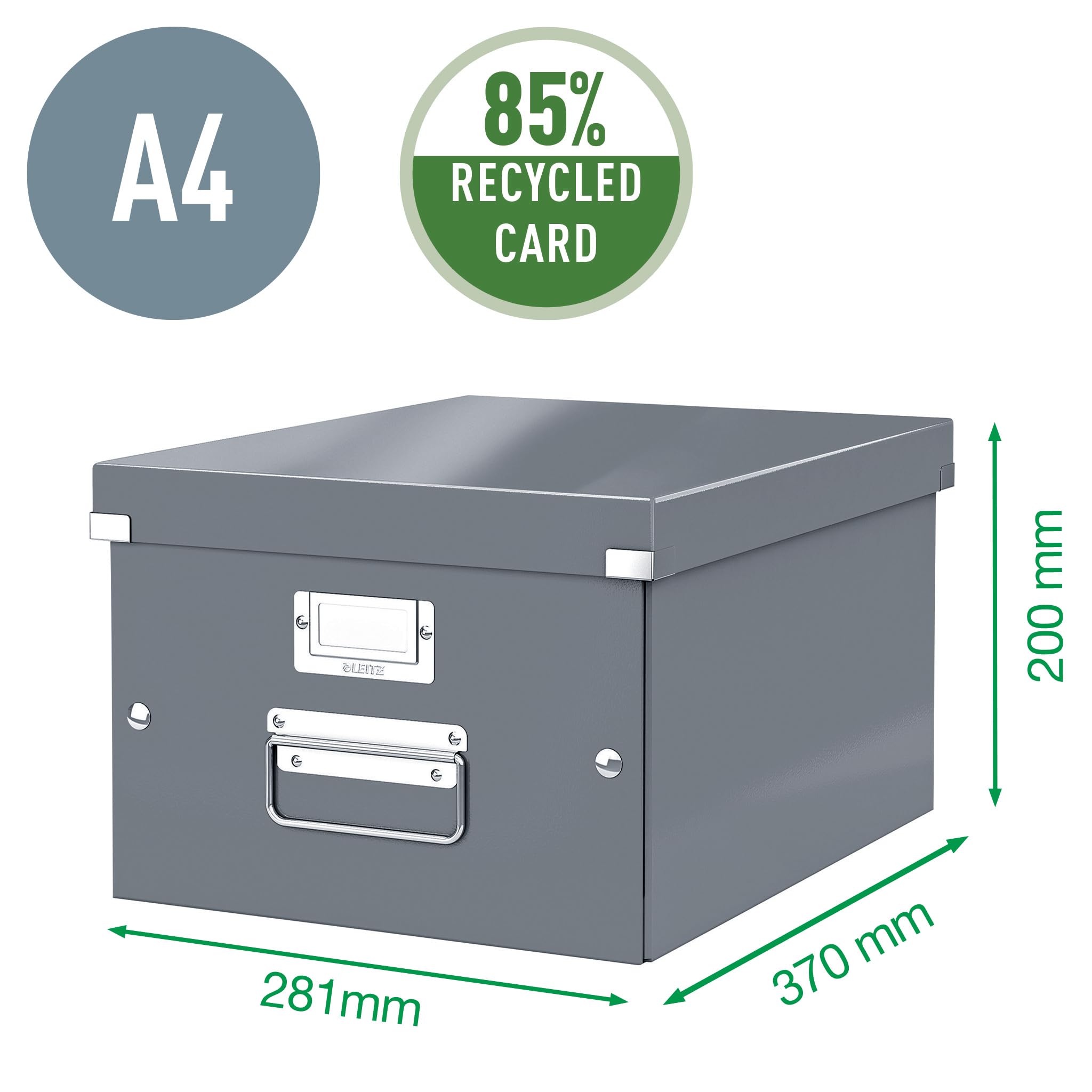 Leitz Click & Store Aufbewahrungsbox mit Deckel Mittel-Groß, Box für Unterlagen bis A4 im Büro u. Haushalt, Transportbox aus 85 % recycelter Premium-Hartpappe, Stabile Metallgriffe, Gelb, 60440016