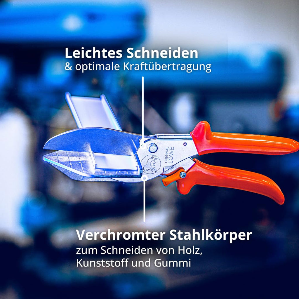 Original LÖWE Leistenschere 3.306 mit 90 Grad Anschlägen für den professionellen Einsatz im Handwerk - Leistenschneider mit langer Klinge für exakten Schnitt an Kunststoff Gummi Holz PVC Leder, metall