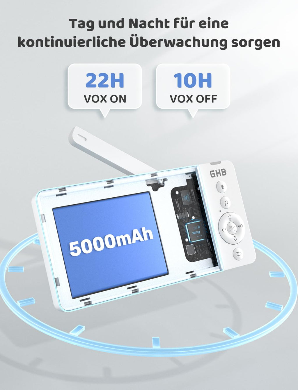 GHB Babyphone mit Kamera 5 Zoll HD IPS Bildschirm 720P 5000 mAh VOX-Energiesparmodus 4-Fach-Zoom Nachtsicht Zwei-Wege-Audio Temperatursensor