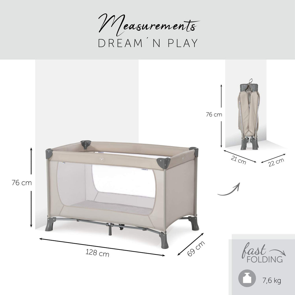 hauck Kinderreisebett Dream N Play ab Geburt bis 15 kg, Klein Zusammenklappbar inkl. Tragetasche und Faltboden, Liegefläche 120 x 60 cm (Beige)