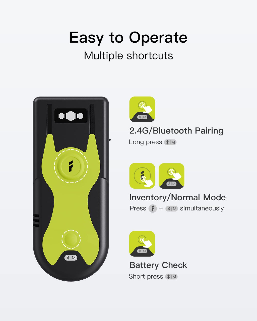 Inateck Barcode Scanner Bluetooth 2D mit 2,4Ghz USB Adapter, liest Barcodes von Bildschirmen, Exklusive Schnelltasten, BCST-42