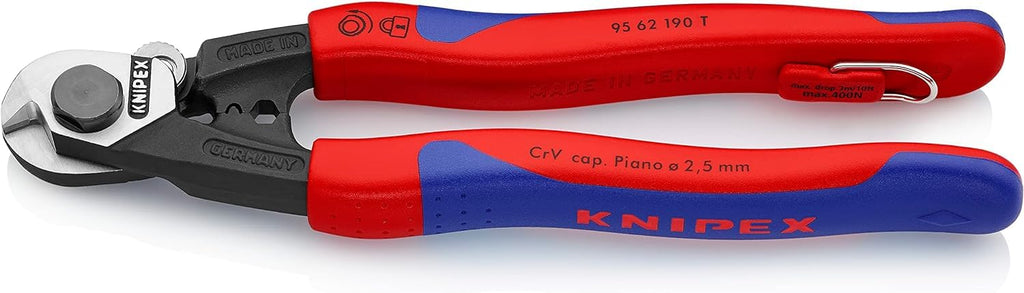 KNIPEX Drahtseilschere geschmiedet in Blister mit Mehrkomponenten-Hüllen, mit integrierter Befestigungsöse zum Anbringen einer, 95 62 190 T BK