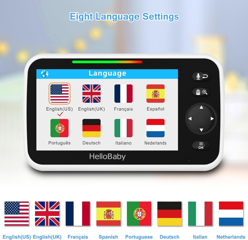 HelloBaby Monitor mit Kamera und Audio, 5-Zoll-Großbildschirm mit 3500-mAh-Akku, Ferngesteuerte Pan-Tilt-Zoom-Kamera, Zwei-Wege-Gespräch, ECO-Modus, automatische Nachtsicht, Reichweite bis zu 293 m