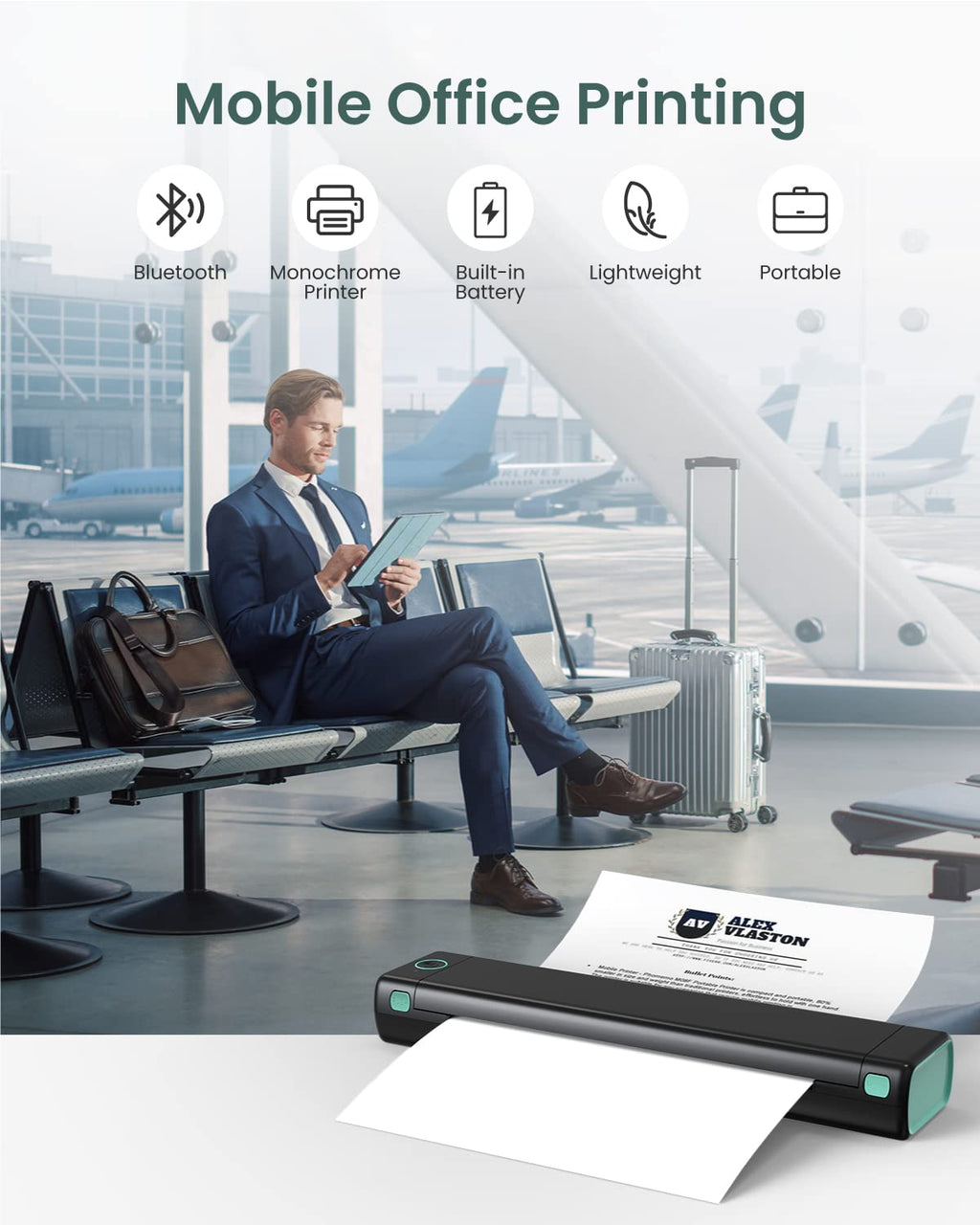 Phomemo M08F Thermodrucker A4 Mobiler Bluetooth Drucker, Tragbarer Wireless Printer für Unterwegs Kompatibel Android iOS, Thermopapier Drucker, Schwarz Grün
