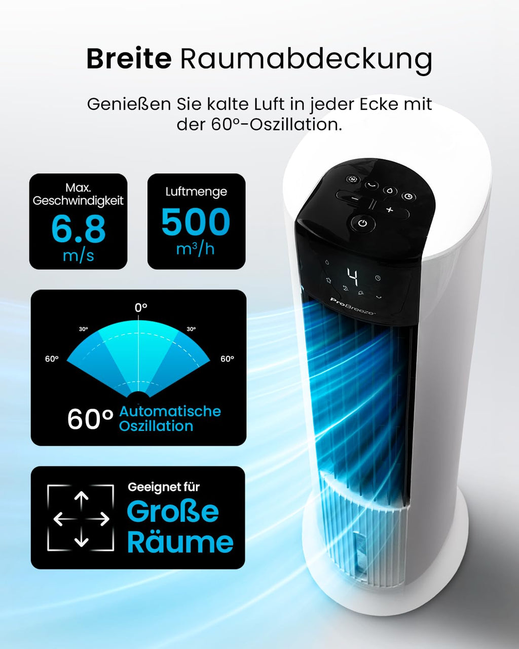 Pro Breeze OmniAir Turmventilator mit Wasserkühlung - Luftkühler mit Fernbedienung, 4 Modi, 4 Gebläsestufen - Ventilator leise - Mobile Klimaanlage ohne Abluftschlauch - Verdunstungskühler, 7L