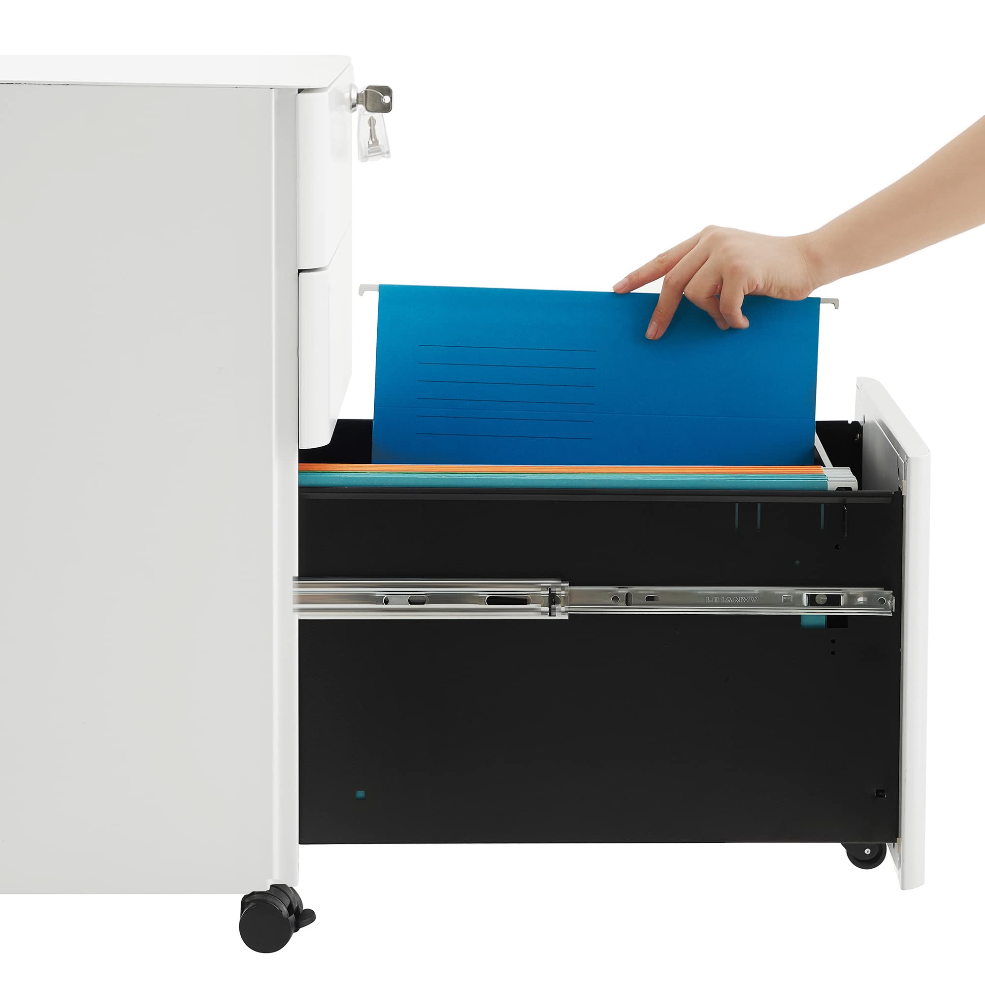 SONGMICS Rollcontainer, Aktenschrank, Büroschrank mit Rollen, Schreibtisch, Unterschrank, abschließbar, Schubladen, Dokumente in DIN-A4-, Legal-, Letter-Format, Hängeregistratur, weiß OFC030W01