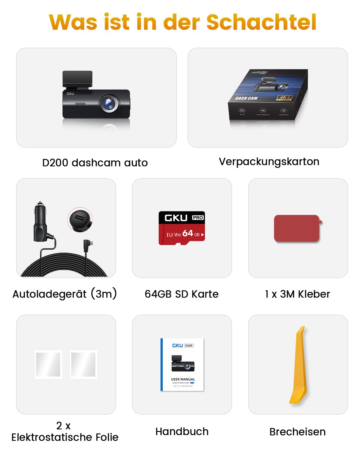 GKU 4K Dashcam Auto,dashcam Auto vorne, Auto Kamera mit integriertem WLAN,170° Weitwinkel,Nachtsicht,WDR,24H Parküberwachung,Loop-Aufnahme,G-Sensor,Dash cam Vorne inklusive 64GB SD Karte