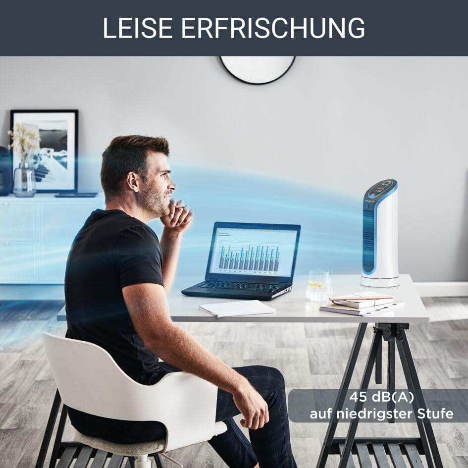 Rowenta VU6210 Eole Compact Turmventilator | 3D-Luftstromtechnologie | Optimale Kontrolle | einfacher Transport | passt in jedes Ambiente, Weiß/Schwarz | Turm-Tischventilator | 44cm hoch