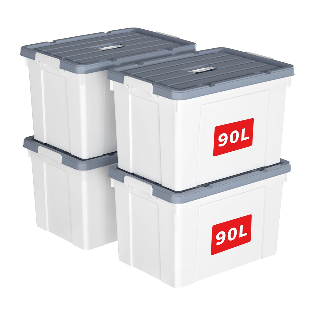Cetomo 90L*4 Aufbewahrungsboxen, Tragbare Plastikboxen mit Deckeln, Organizer-Behälter mit Griff und Clips, Stapelbar, Ineinander Nestbar, für Zuhause und Büro, Weiß, 90L-4er Pack