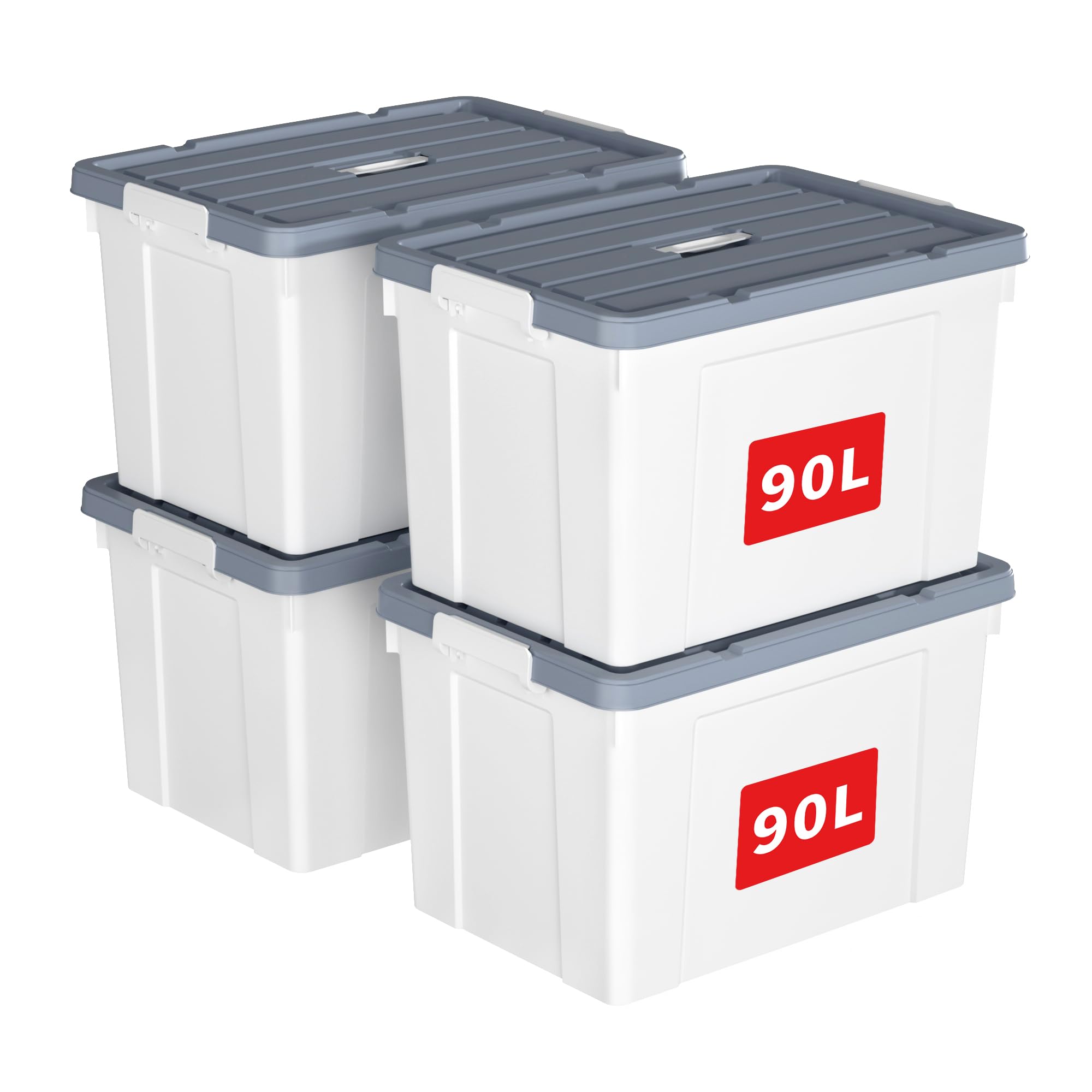 Cetomo 90L*4 Aufbewahrungsboxen, Tragbare Plastikboxen mit Deckeln, Organizer-Behälter mit Griff und Clips, Stapelbar, Ineinander Nestbar, für Zuhause und Büro, Weiß, 90L-4er Pack