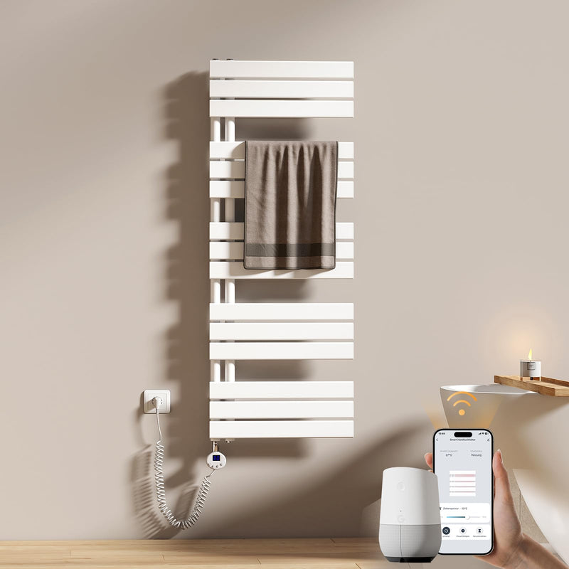 EMKE Badheizkörper Elektrisch 1320x500 mm, WiFi Intelligenter Handtuchheizkörper Elektrisch mit Thermostat, Elektrischer Handtuchwärmer Handtuchtrockner mit Heizstab Weiß 800W