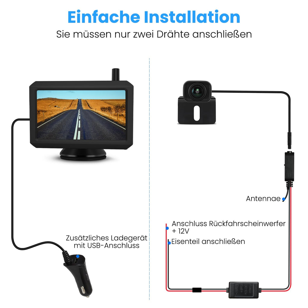 AUTO-VOX W7 5“ LCD Kabellos Digital Rückfahrkamera Set, mit eingebautem Funksender, Wireless Einparkhilfe, Wasserdicht IP68 Nachtsicht