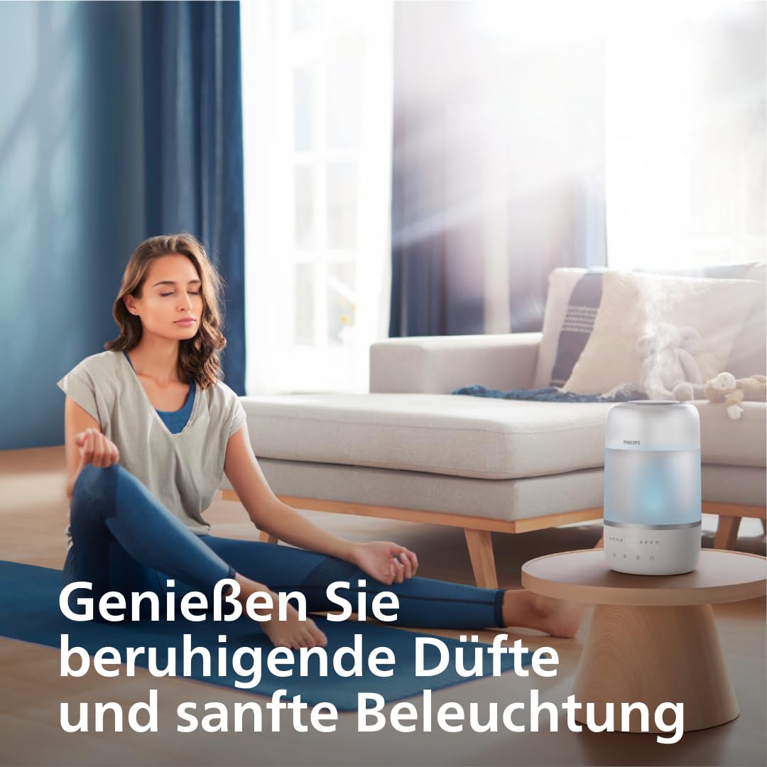 Philips Smart Humidifier - kompakt und dennoch leistungsstark mit himmelhohem Nebel, Aromatherapie, leise mit Schlaffunktion und Nachtlicht, für (Schlaf-) Räume bis zu 38 m² (HU1509/00)