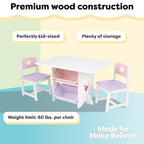 KidKraft Herz Kindertisch mit Stauraum und 2 Stühlen aus Holz - Kindersitzgruppe mit Aufbewahrungsbox, Kinder Tisch Stuhl Set, Kinderzimmer Möbel, 26913