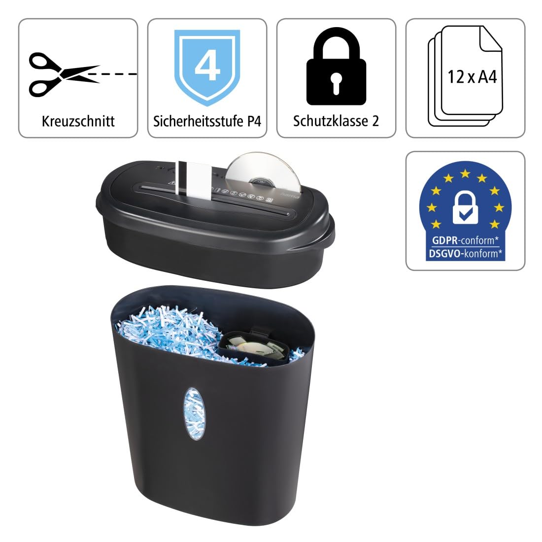 Hama Aktenvernichter Einzug Aktenvernichter professionell Home Office (Kreuzschnitt, Schredder, elektrisch, 12 Blatt Papier, CDs, Kunststoff Schredder, 21 Liter Papierkorb, Sicherheitsstufe 4 DSGVO)