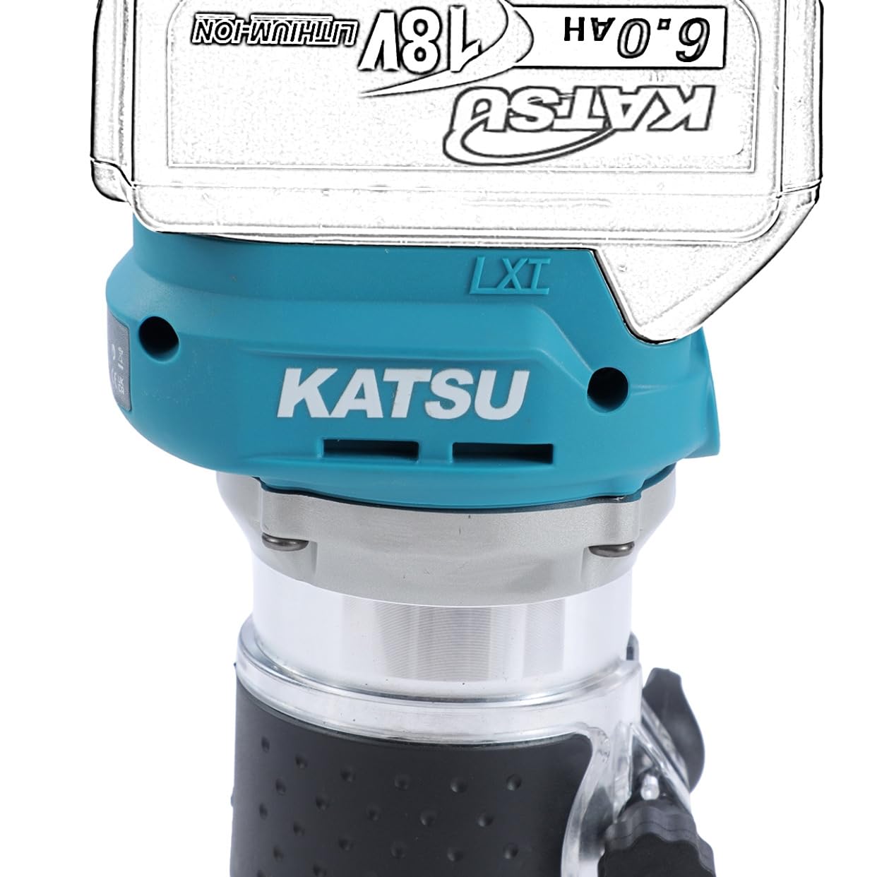 KATSU FIT-BAT 18V/21V Brushless Akku-Oberfräse Holzfräse Kantenfräse mit Trimmer-Basis, 3 Spannzangen 1/4", 6 mm und 8 mm, Ohne Akku und Ladegerät 102770