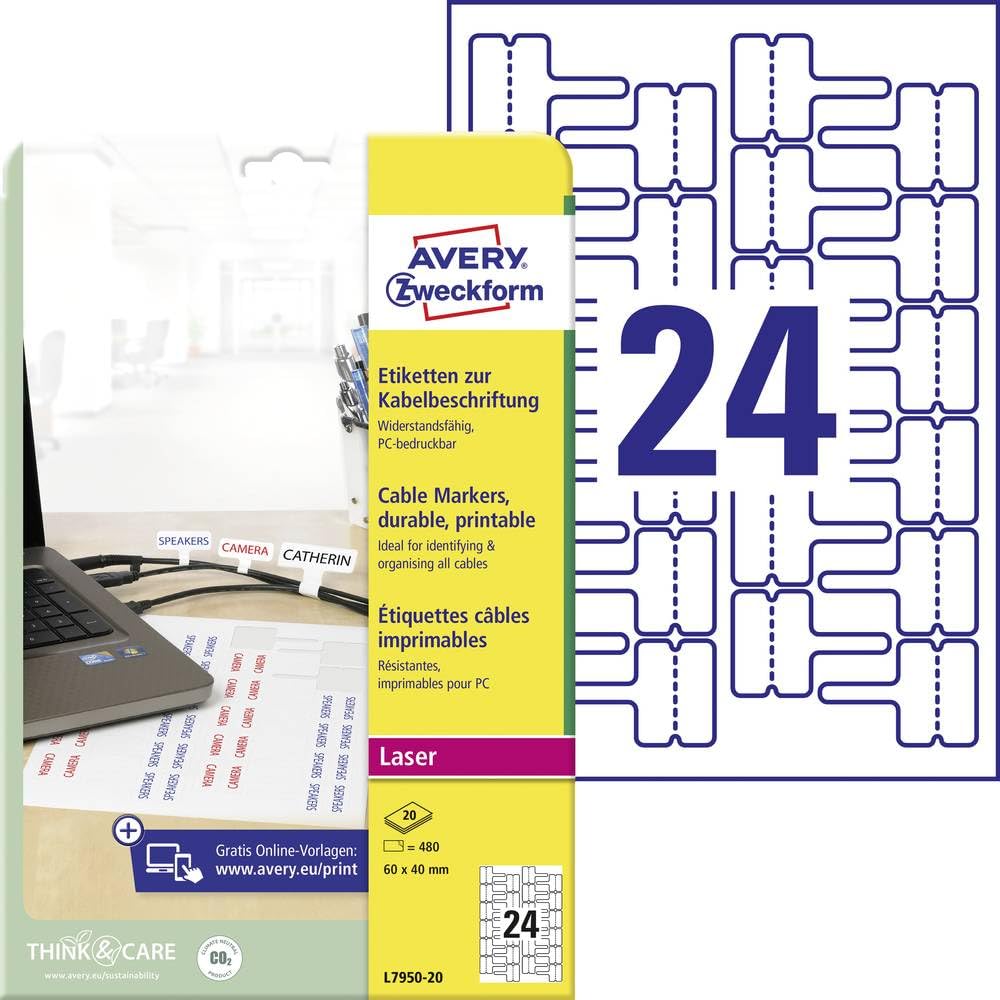 AVERY Zweckform L7950-20 Kabeletiketten (60x40 mm auf DIN A4, Laser, extrem stark selbstklebend, reißfest, bedruckbare Klebefolie ideal zum Kennzeichnen von Kabeln) 480 Aufkleber auf 20 Blatt weiß
