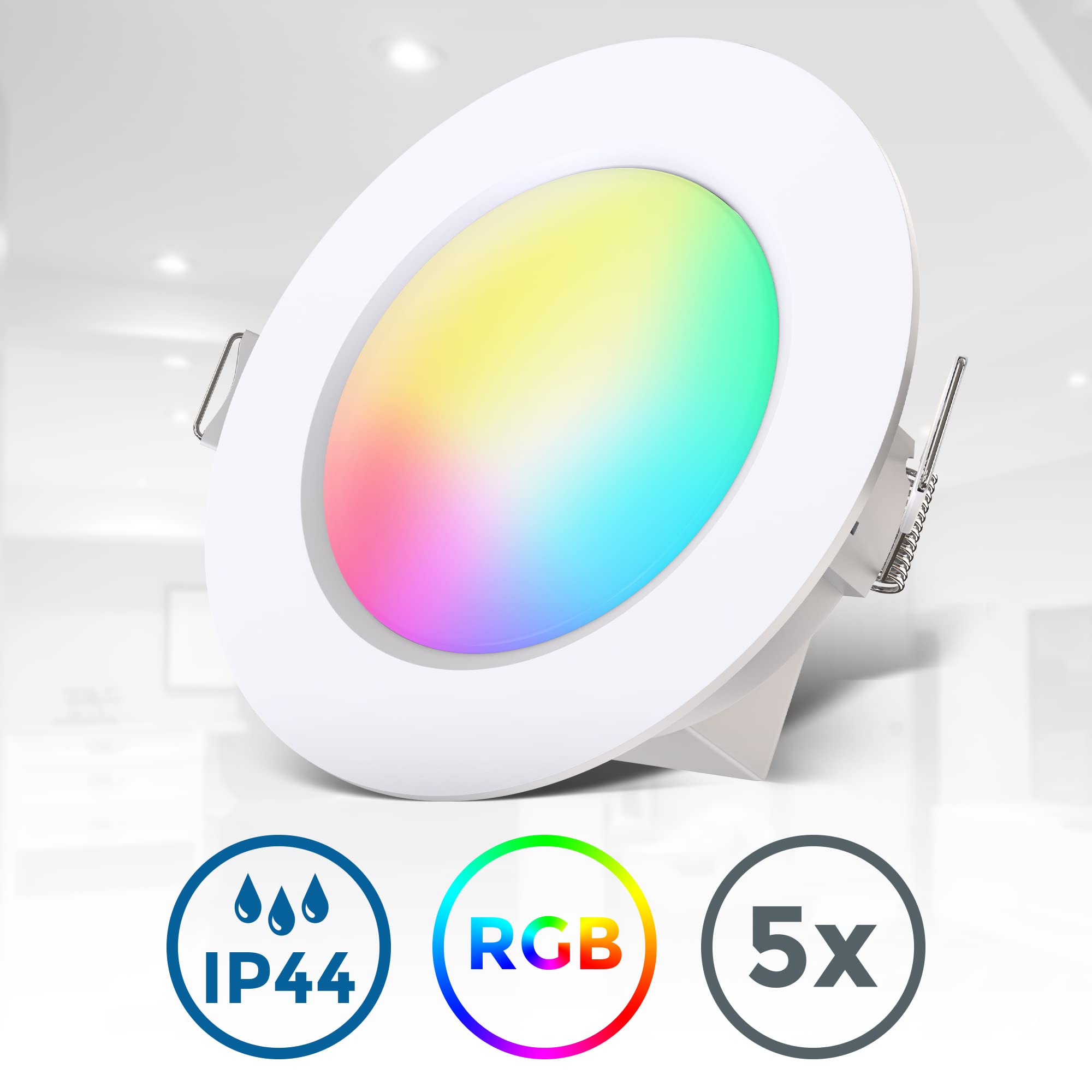 B.K.Licht - 5er Set LED Bad Einbaustrahler 230V mit Fernbedienung, buntes RGB Licht, Lochmass 70mm, LED Spot, Deckenspots, Spots, Einbauleuchten, Einbauspots, Badezimmer, 92x45 mm, Weiß