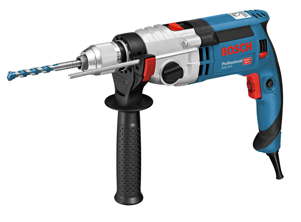 Bosch Professional Schlagbohrmaschine GSB 24-2 (Leistung 1100 Watt, Max. Drehmoment: 40/14,5 Nm, inkl. Schnellspannbohrfutter, Zusatzhandgriff, Tiefenanschlag, L-Case)