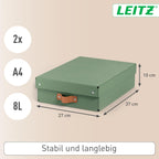 Leitz Puro Flache Aufbewahrungsbox mit Deckel, Medium, 2er-Set, Box 8 L, stapelbar, Organizer-Box für Regale und Schränke, FSC-Karton, für Büro und Home Office, 26 x 35 x 10 cm, Grün, 61480050