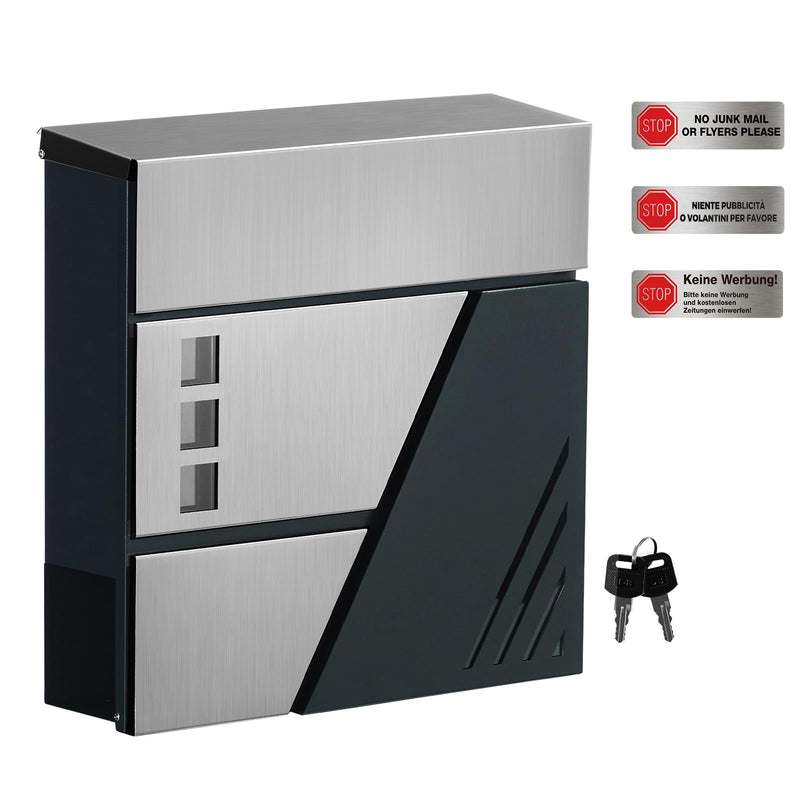 SONGMICS Briefkasten, Wandbriefkasten mit Sichtfenster, für Haustür, mit Schloss und Schlüsseln, silbern-anthrazit GMB053G01