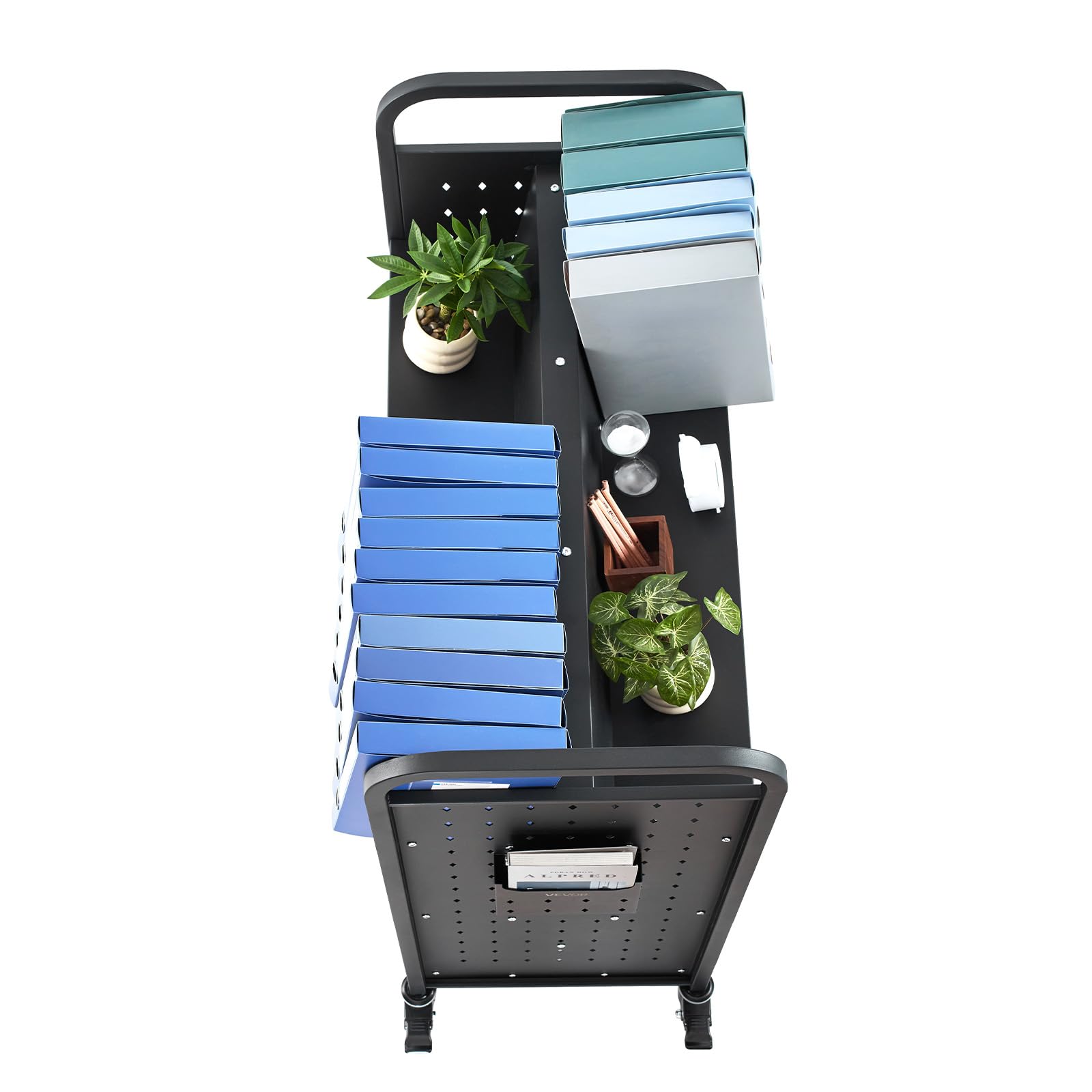 VEVOR Bücherwagen, 159 kg Tragkraft, Bibliothekswagen, 970x515x1225 mm, doppelseitiges W-förmiges Bücherregal mit Doppelbremsrollen, Abräumwagen für Wohnzimmer, Büro, Schule, Schwarz