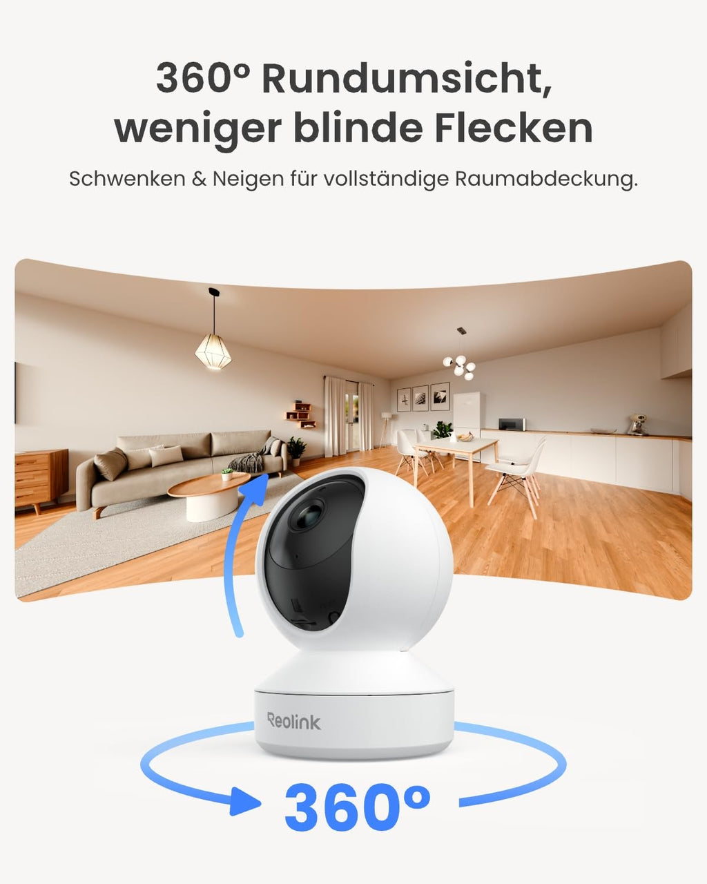 Reolink 2K Überwachungskamera Innen, 360°-Ansicht Indoor Kamera WLAN mit Auto-Tracking, Baby Monitor mit Personen-/Tier-/Weinen-Erkennung, 2,4 GHz Wi-Fi, Privatmodus, 2-Wege-Audio, E1 4MP