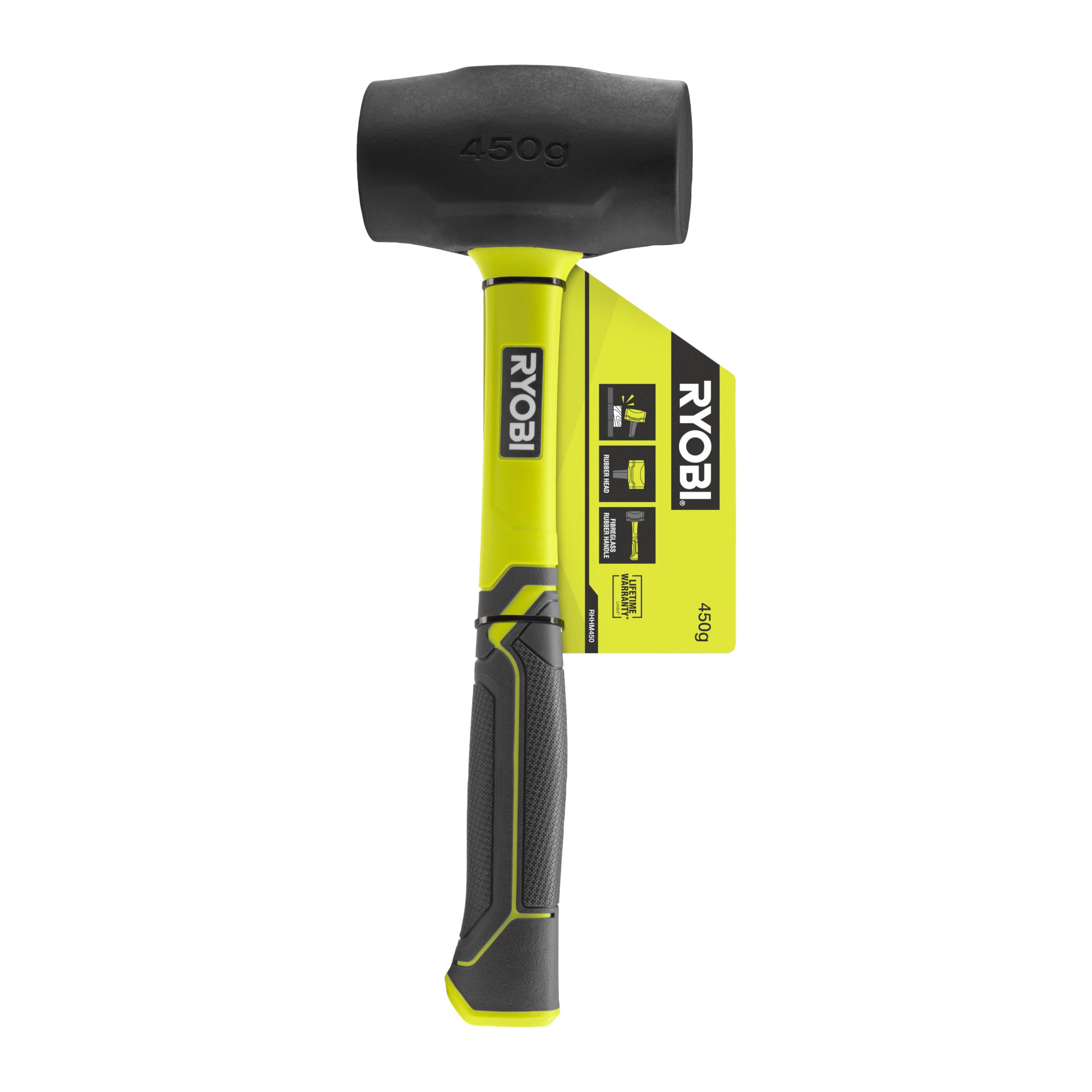 RYOBI Gummihammer mit Griff aus Hickory-Holz, schwarz, 450 Gramm RHHM450