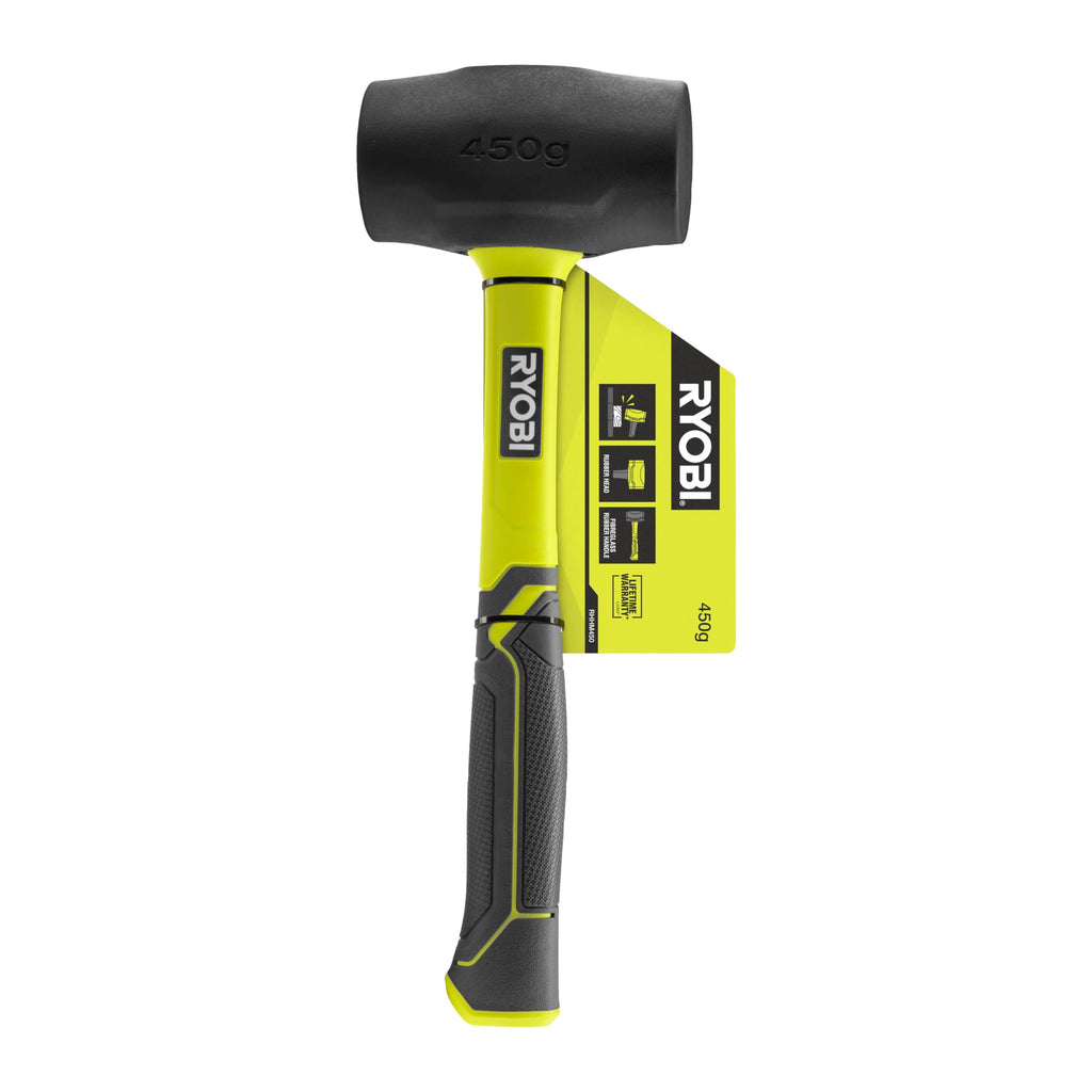 RYOBI Gummihammer mit Griff aus Hickory-Holz, schwarz, 450 Gramm RHHM450