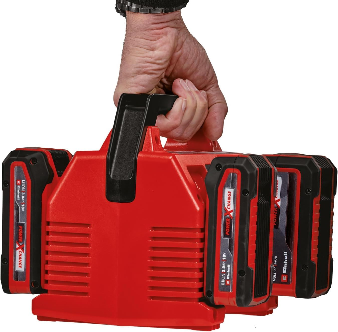 Einhell Original Ladegerät Power X-Quattrocharger 4A Power X-Change (Li-Ion, 18V, gleichzeitiges Laden von 2x2 Akkus, Akkuüberwachung, intelligentes Lademanagement, 6-fache LED-Zustandsanzeige)