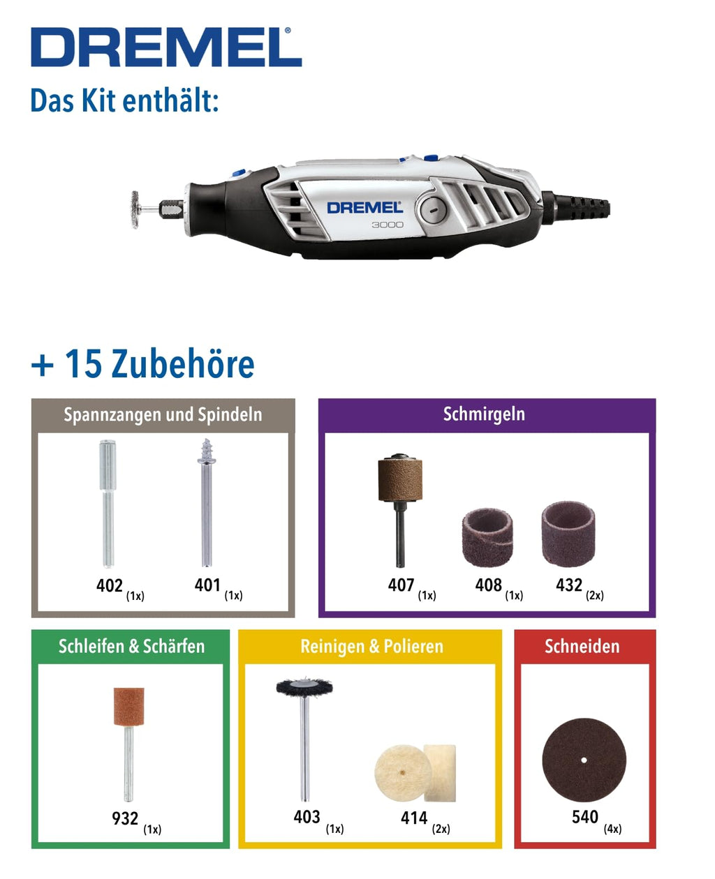 Dremel 3000 Multifunktionswerkzeug 130W, Set mit 15 Zubehörteilen, Variable Drehzahl 10.000-33.000 U/min zum Schneiden, Schleifen, Gravieren, Polieren, Schärfen, Reinigen, Schnitzen