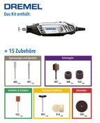 Dremel 3000 Multifunktionswerkzeug 130W, Set mit 15 Zubehörteilen, Variable Drehzahl 10.000-33.000 U/min zum Schneiden, Schleifen, Gravieren, Polieren, Schärfen, Reinigen, Schnitzen