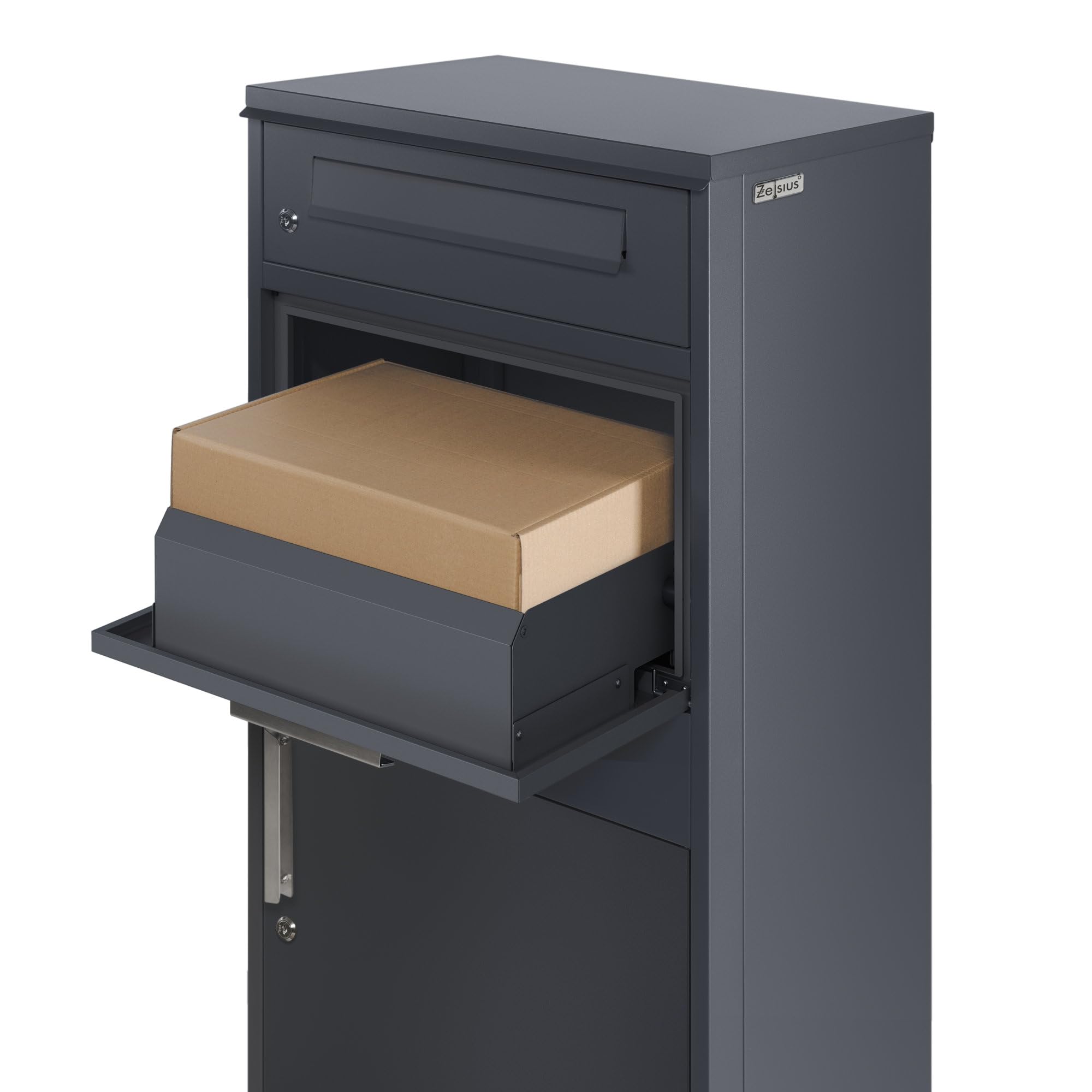 Zelsius Briefkasten mit Paketfach Neptun | pulverbeschichteter Stahl mit Edelstahl Elementen | RAL7016 Anthrazit | integrierte Rückholsperre | Bodenmontage | Paketbriefkasten, Paketbox, Parcel Box