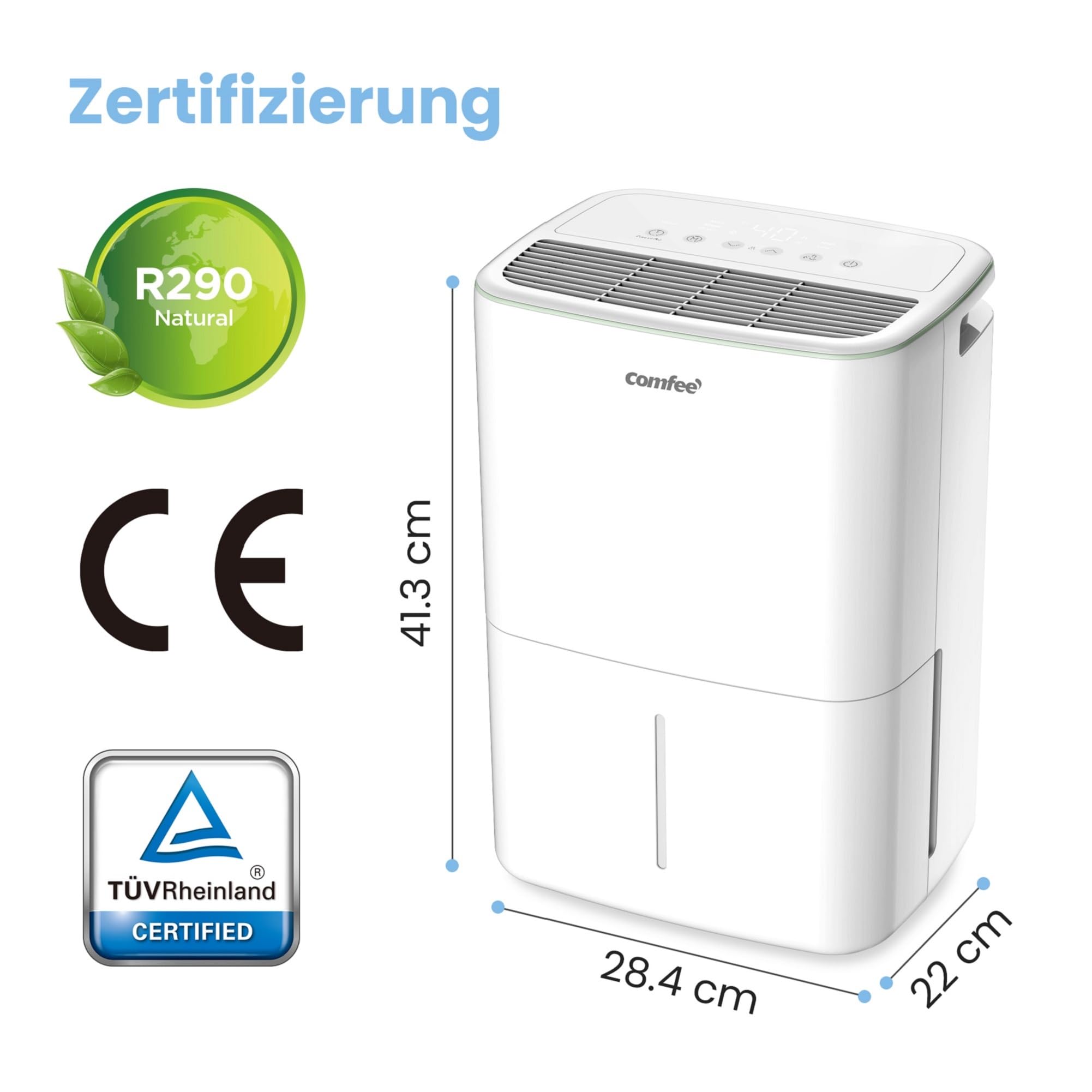 COMFEE Luftentfeuchter 10 Liter/Tag, geeignet für Räume von ca. 40 Kubikmetern (16 Quadratmetern), automatische Abtauung, Kindersicherung, Geräuschreduzierung, Kältemittel R290, CDDOE-10DEN7-QA3(EU)