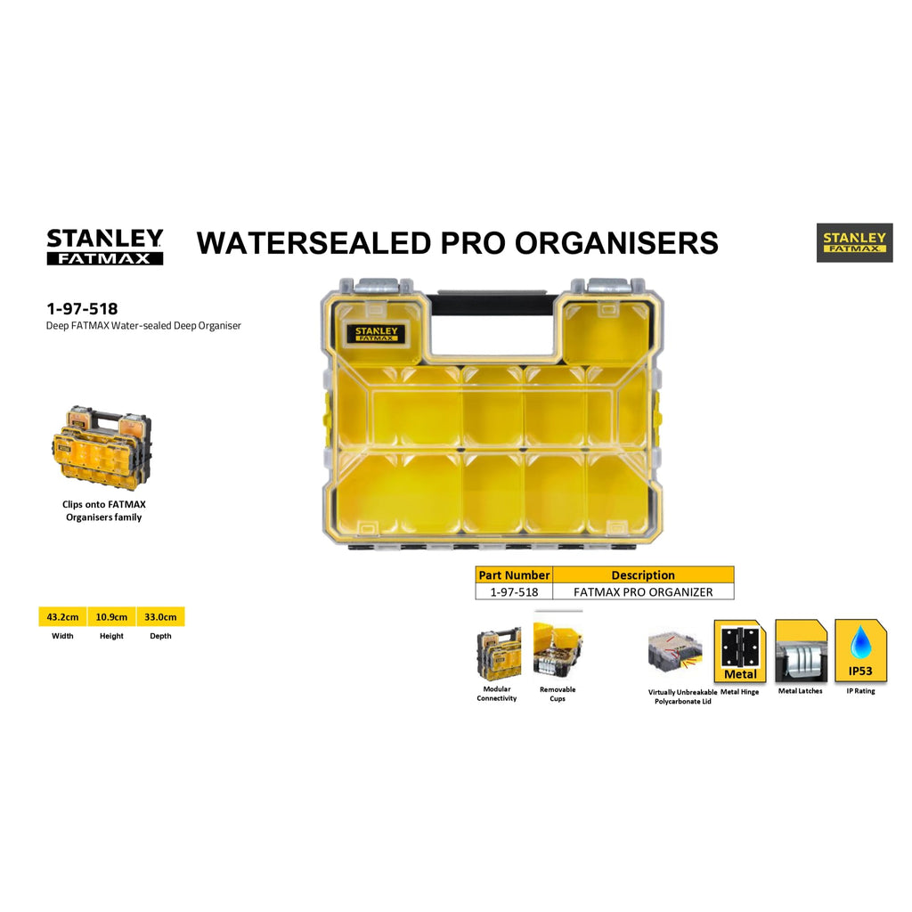 STANLEY FATMAX Profi Werkzeug-Organizer (45 x 12 x 36 cm, tiefe Fächer, mit transparentem, schlagfestem Deckel, integriertem Griff & Metallschließen, 10 herausnehmbare Boxen) 1-97-518