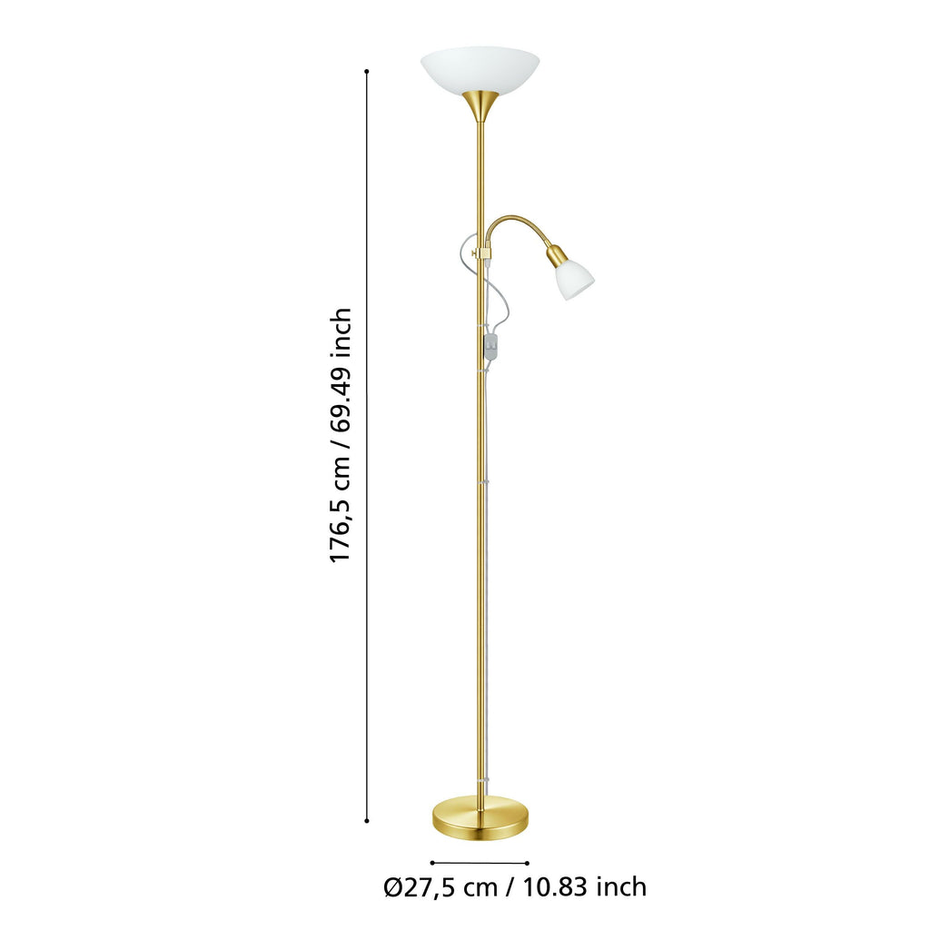 EGLO Stehlampe Up 2, 2 flammige Stehleuchte, Standleuchte aus Metall, Glas und Kunststoff, Wohnzimmerlampe in Messing-Matt, Weiß, Lampe mit Schalter, Deckenfluter mit Leselampe, E27 E14