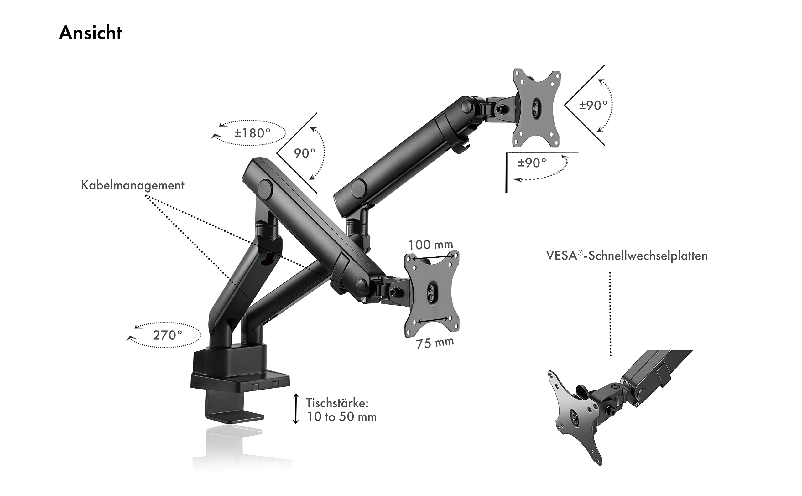 ICY BOX Monitor Halterung für 2 Monitore bis 32 Zoll (bis 8kg, VESA 75x75/100x100), Monitorständer aus Stahl, Schwenk-& Neigbar, Befestigung auf Tischplatte/Tischkante, IB-MS314-T