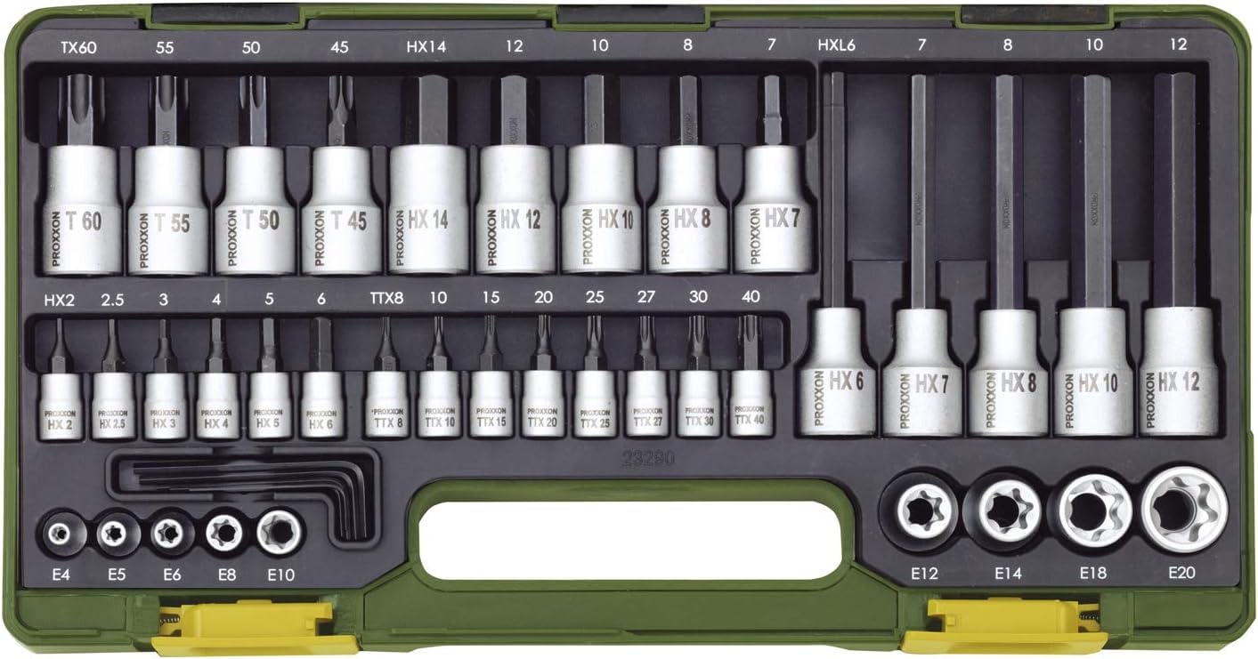 PROXXON Spezialsatz für TX- und Innensechskantschrauben, Für 1/4"-Vierkantantrieb und 1/2"-Vierkantantrieb, 42-teiliges Werkzeug-Set mit Kunststoffkoffer, 23290