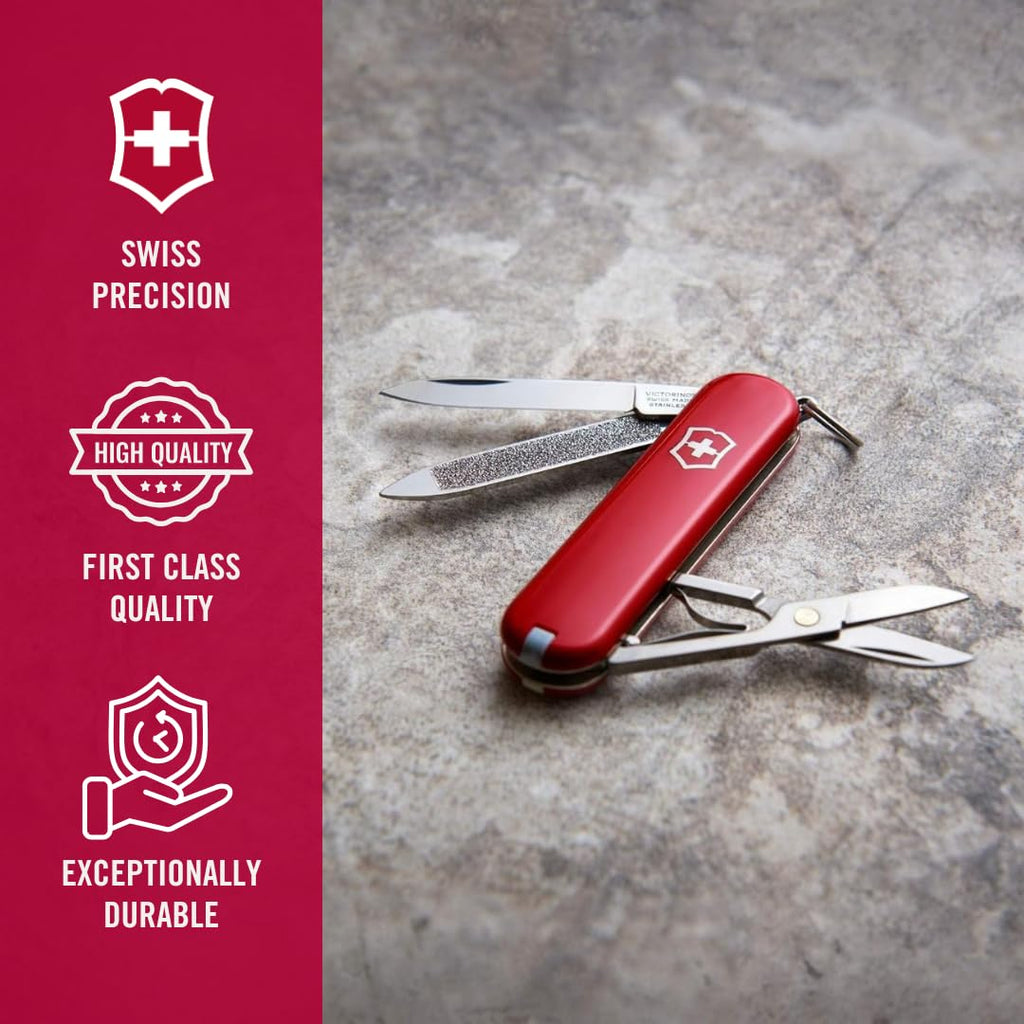 Victorinox Schweizer Taschenmesser, Klein, Classic SD, Multitool, Swiss Army Knife, Geschenk, 7 Funktionen, Klinge, Nagelfeile, Rot