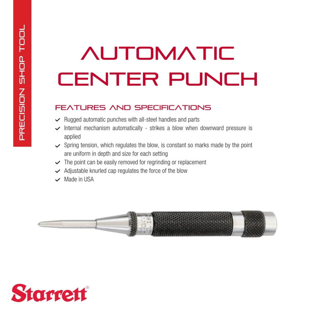 Starrett 18AA Automatischer Körner mit einstellbarem Hub, 4" Länge, 7/16" Durchmesser