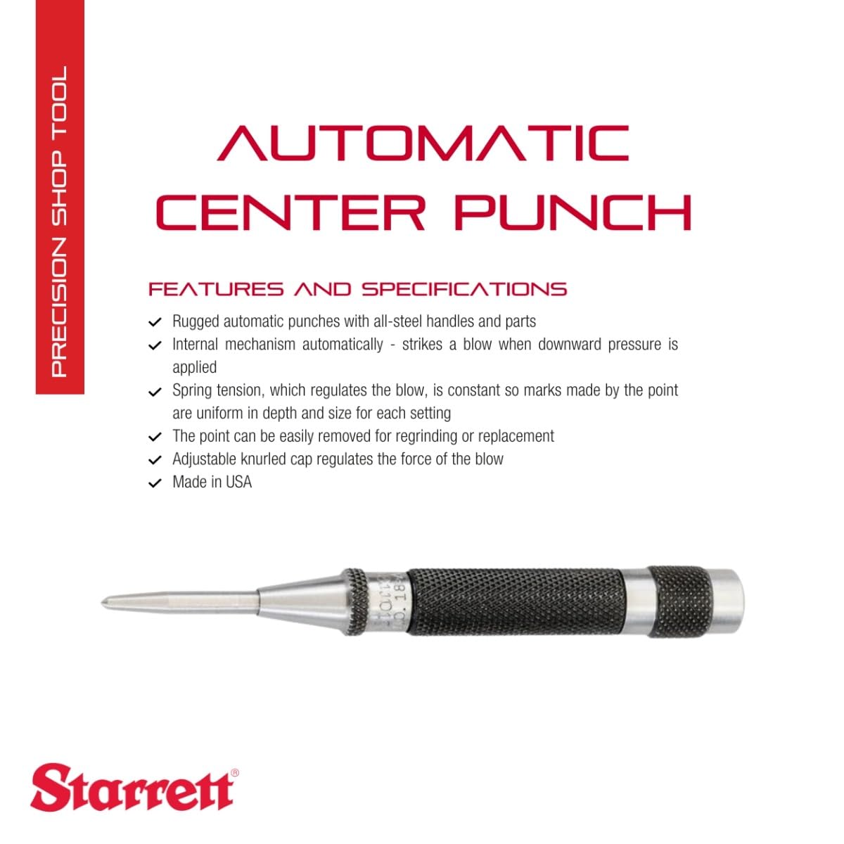 Starrett 18AA Automatischer Körner mit einstellbarem Hub, 4" Länge, 7/16" Durchmesser