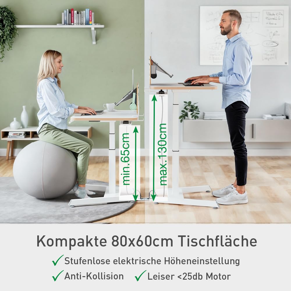 Leitz Ergo Elektrischer Sitz-/Steh-Schreibtisch, Kompaktes & höhenverstellbares Stehpult, Belastbar bis 80 kg, Mit Kabelführung, 80 x 60 cm, Für Büros & Home Office, Ergo-Serie, Weiß, 65340001
