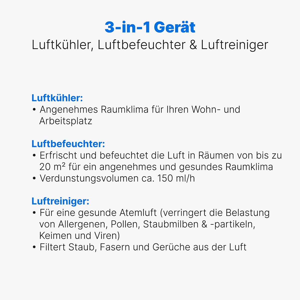 Clatronic 3in1 Luftkühler, Luftentfeuchter und Luftreiniger, 3 Stufen, 8 Std. Timer, inkl. Fernbedienung, 4,5 Liter Wassertank, 90° oszillierend, 4 Rollen, 70 Watt, LK 3742 schwarz