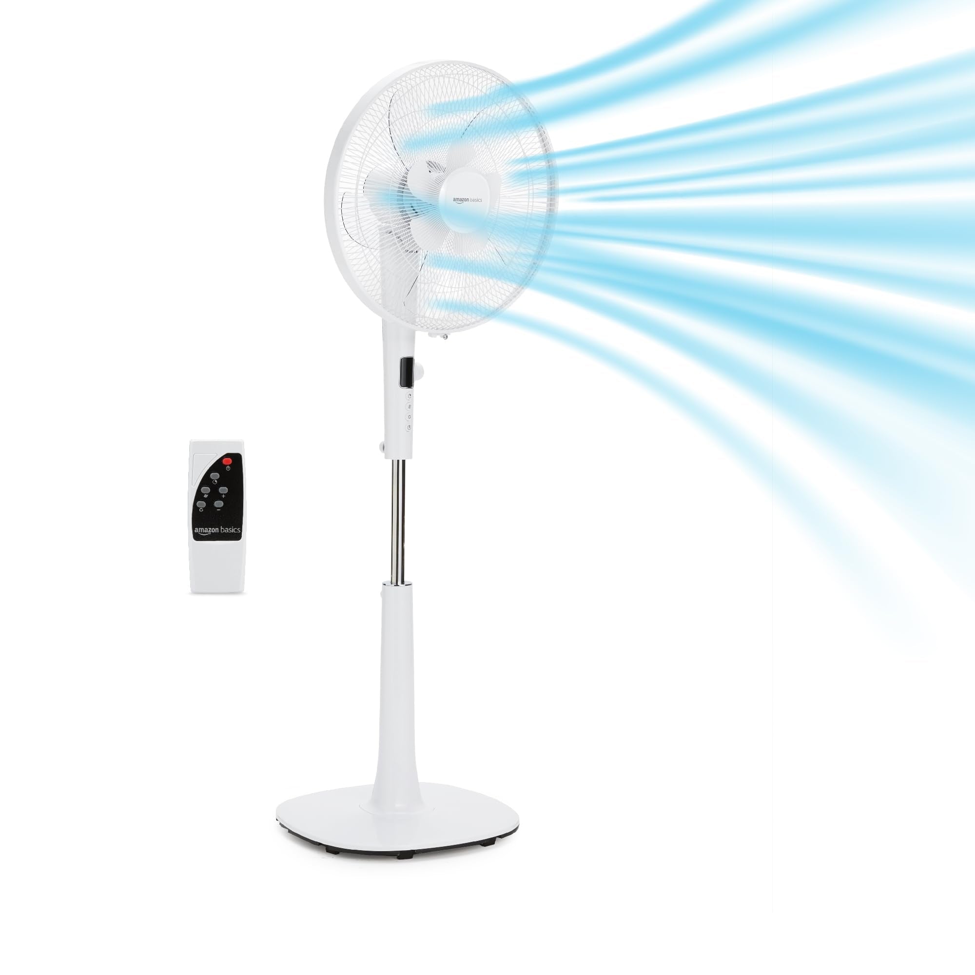Amazon Basics Standventilator 40 cm mit DC-Motor, 12 Geschwindigkeiten und Fernbedienung, 3 Windmodi, Doppelschicht-Rotorblätter, Timer, Energieeffizient und Leiser DC-Motor (28W), Weiß