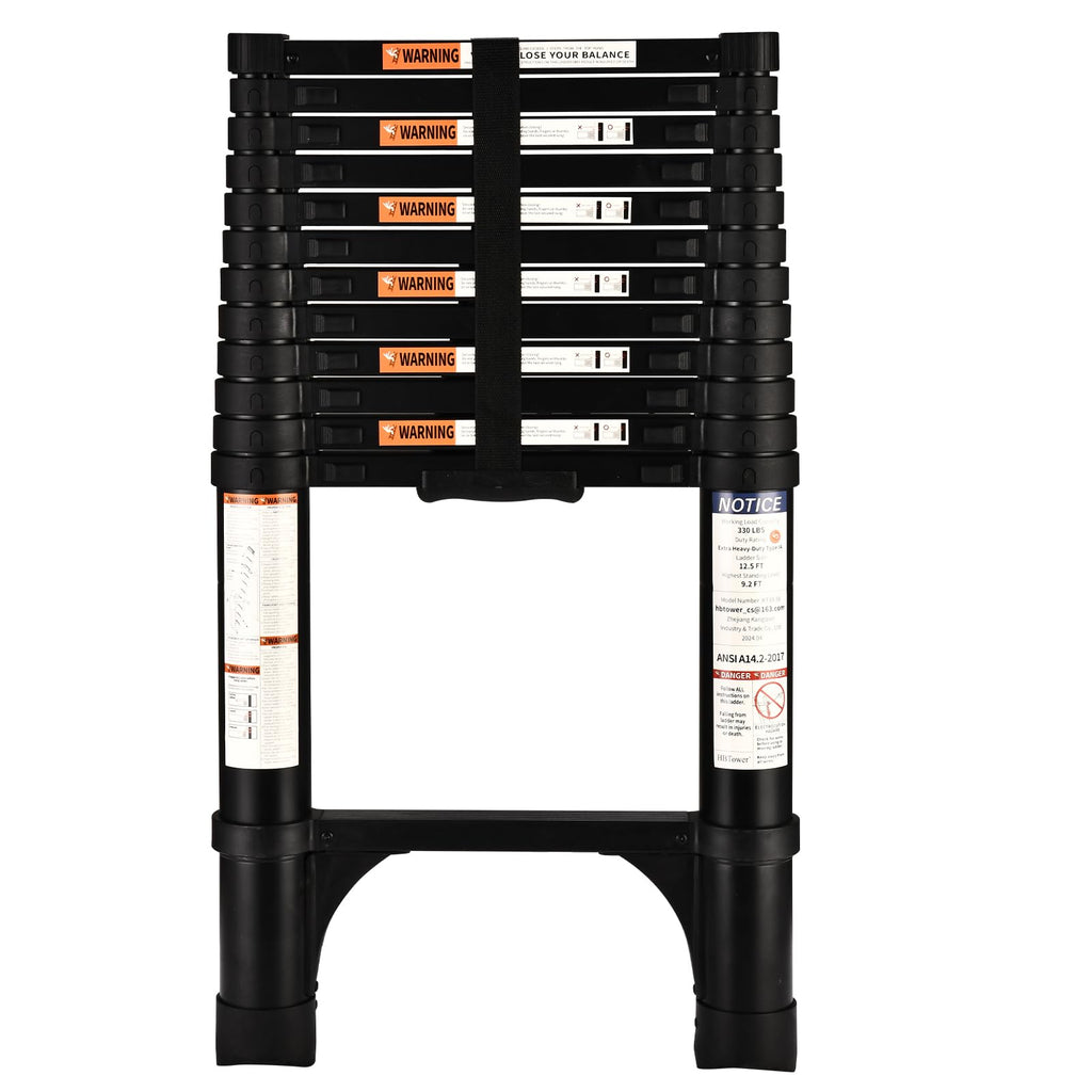 HBTower Teleskopleiter 3,8 m aus Aluminium, Klappbare Ausziehleiter mit Rutschfesten Füßen, Robust & Tragbar, Tragkraft 150 kg, Ideal für Dachrinnenreinigung & Außenreparaturen, Schwarz