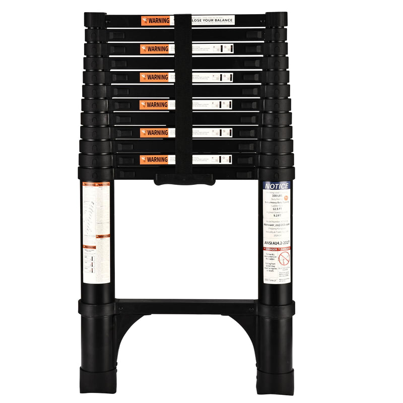 HBTower Teleskopleiter 3,8 m aus Aluminium, Klappbare Ausziehleiter mit Rutschfesten Füßen, Robust & Tragbar, Tragkraft 150 kg, Ideal für Dachrinnenreinigung & Außenreparaturen, Schwarz