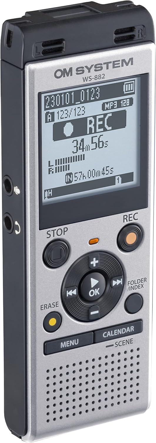 OM SYSTEM WS-882 hochwertiger digitaler Voice Recorder mit Stereomikrofonen, 6 Aufnahmemodi, Direkt-USB, eingebautem Ständer, 4 GB interner Speicher, Silber