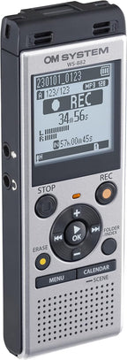 OM SYSTEM WS-882 hochwertiger digitaler Voice Recorder mit Stereomikrofonen, 6 Aufnahmemodi, Direkt-USB, eingebautem Ständer, 4 GB interner Speicher, Silber