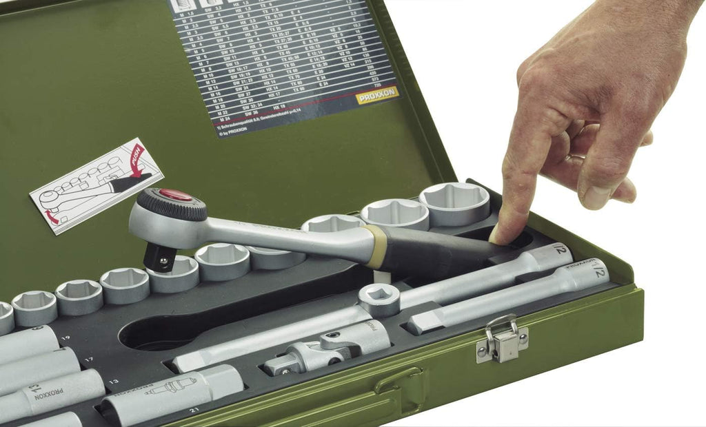 PROXXON Steckschlüsselsatz, Feinmechaniker-Satz mit 1/4"-Umschaltratsche sowie Schraubendrehergriff, 36-teiliges Werkzeug-Set mit Stahlkasten, 23080, 30 x 12.5 x 5 cm